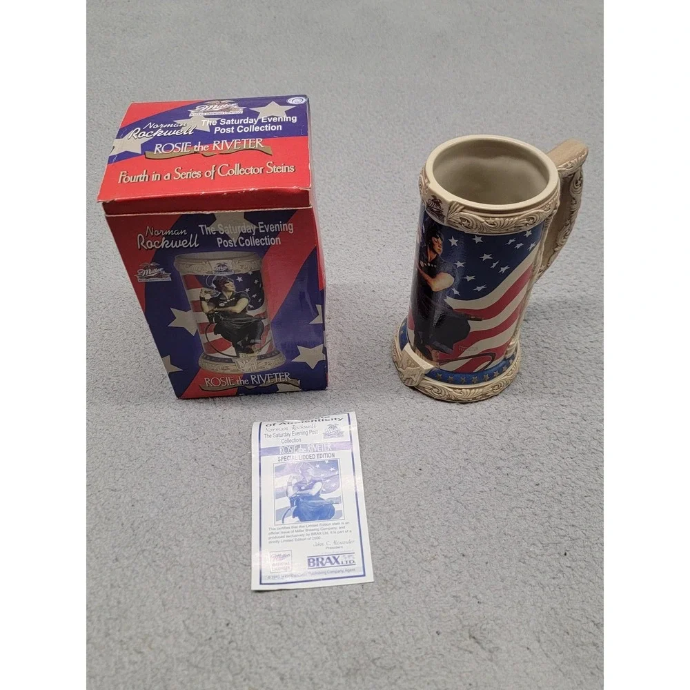Vintage Miller Norman Rockwell Rosie The Riveter Beer‎ Stein Box COA Patriotic